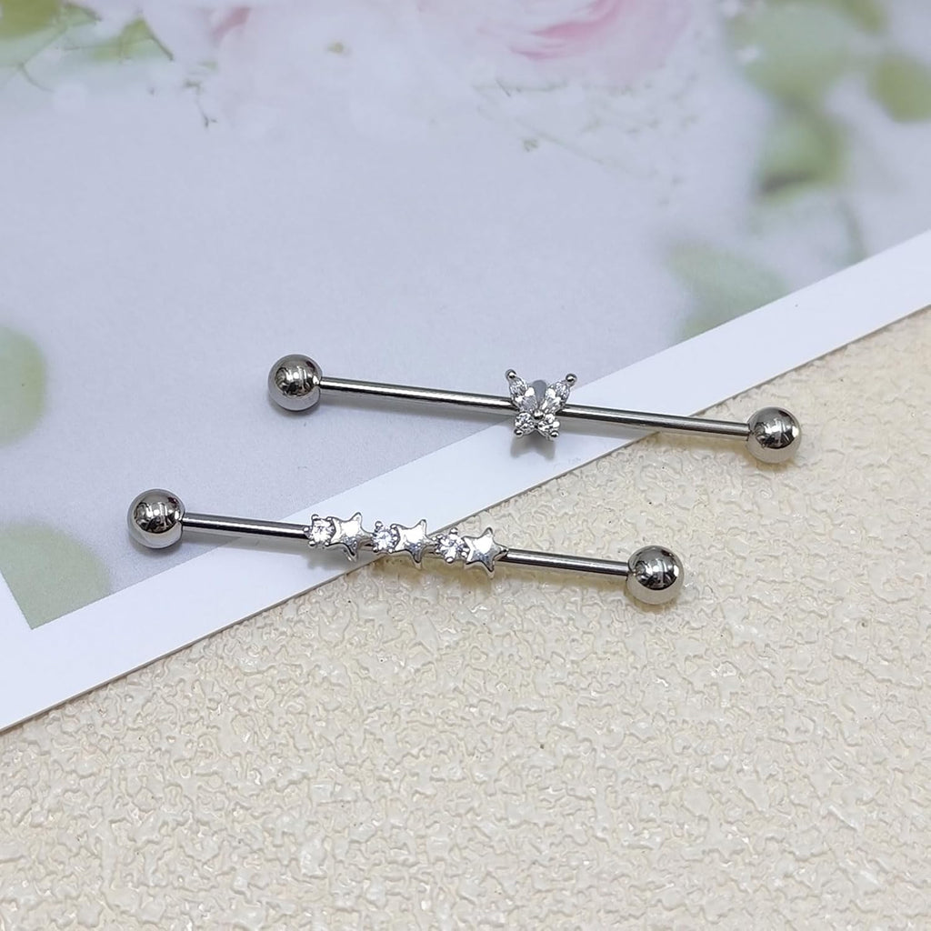 Industrial Bars 38Mm Stainless Steel Heart Butterfly Dangle 14G Straight Barbell Cartilage Piercing Jewellery Silver Gold