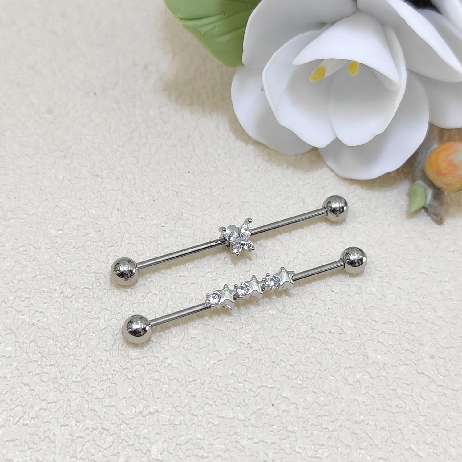 Industrial Bars 38Mm Stainless Steel Heart Butterfly Dangle 14G Straight Barbell Cartilage Piercing Jewellery Silver Gold
