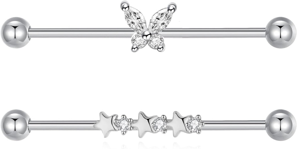 Industrial Bars 38Mm Stainless Steel Heart Butterfly Dangle 14G Straight Barbell Cartilage Piercing Jewellery Silver Gold